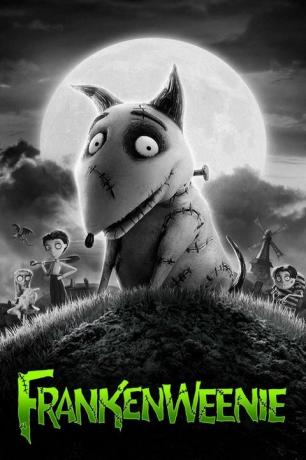 un póster de película en blanco y negro con el título frankenweenie en verde neón y la imagen muestra a un perro animado con puntos de sutura y una familia de personas espeluznantes en el fondo