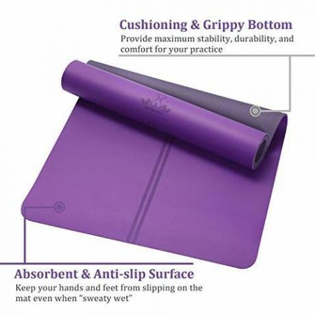 Tapete de yoga antideslizante Heathyoga ProGrip con líneas de alineación, superficie revolucionaria de agarre húmedo y material ecológico, perfecto para yoga caliente y Bikram, bolsa de transporte gratuita 183CMX66CM (púrpura)