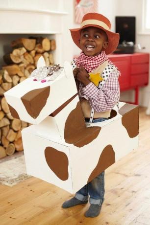 niño vestido como un vaquero con un sombrero de vaquero y una camisa a cuadros y un pañuelo con un caballo de cartón alrededor de su cintura