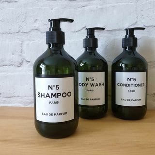 Botellas de baño verdes - champú - botellas de jabón para el cuerpo con acondicionador, conjunto de botellas de dispensador de bomba reutilizable, accesorios de baño, texto personalizado