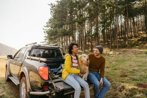 pareja sentada en la parte trasera del coche con perro