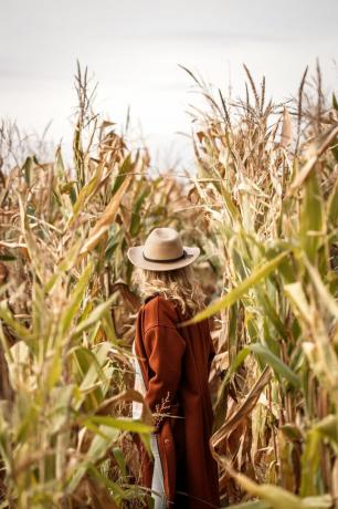mujer elegante con abrigo rojo y sombrero está de pie en el campo de maíz