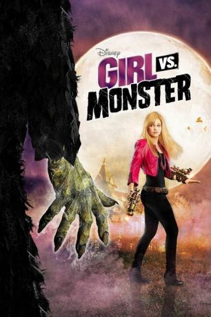 Un póster de la película de la película de Disney Girl vs Monster que muestra a una adolescente con una pistola fantasma y la imagen de la mano del monstruo verde con garras puntiagudas