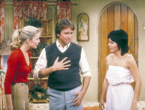 Priscilla barnes, joyce dewitt y john ritter, miembros del elenco de la compañía Three, como terri, janet y jack en la sexta temporada