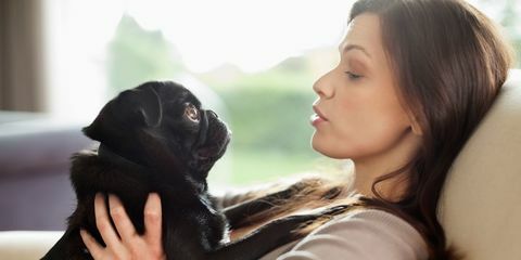 Mujer relajante con perro en el sofá