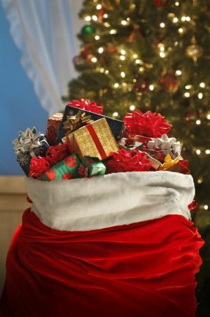 bolsa de santa llena de regalos envueltos en colores frente a un árbol de navidad